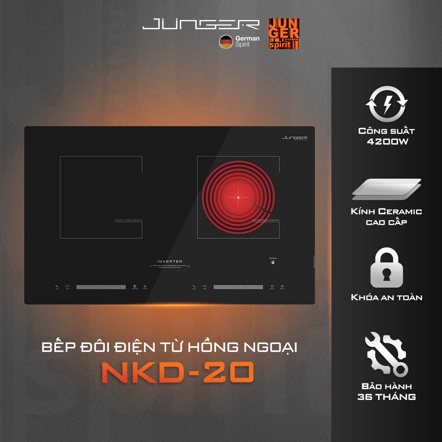 Bếp điện từ hồng ngoại Junger NKD-20 được thiết kế 2 vùng nấu riêng biệt với kiểu dáng hiện đại chuẩn Đức nâng tầm không gian sống.