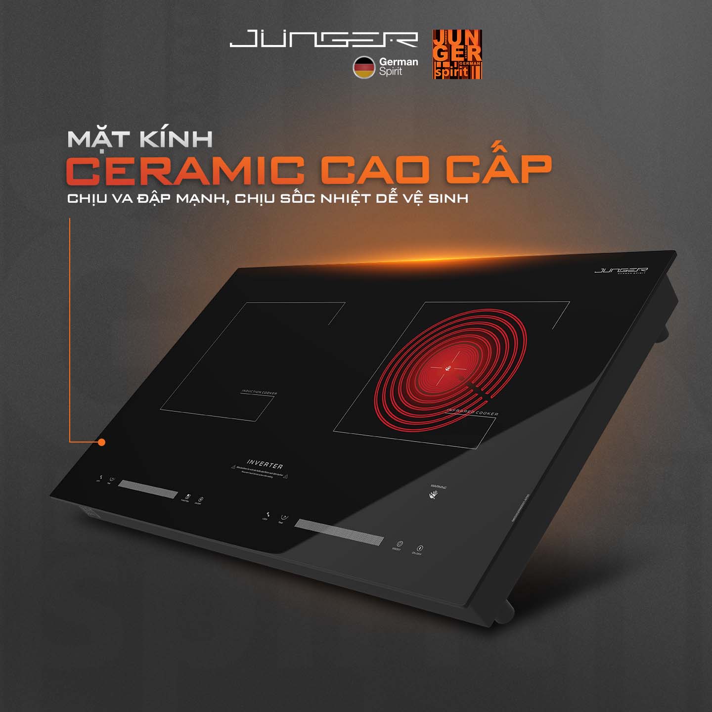 Bếp điện từ hồng ngoại Junger NKD-20 sở hữu mặt kính Ceramic cao cấp, sang trọng, bền bỉ.