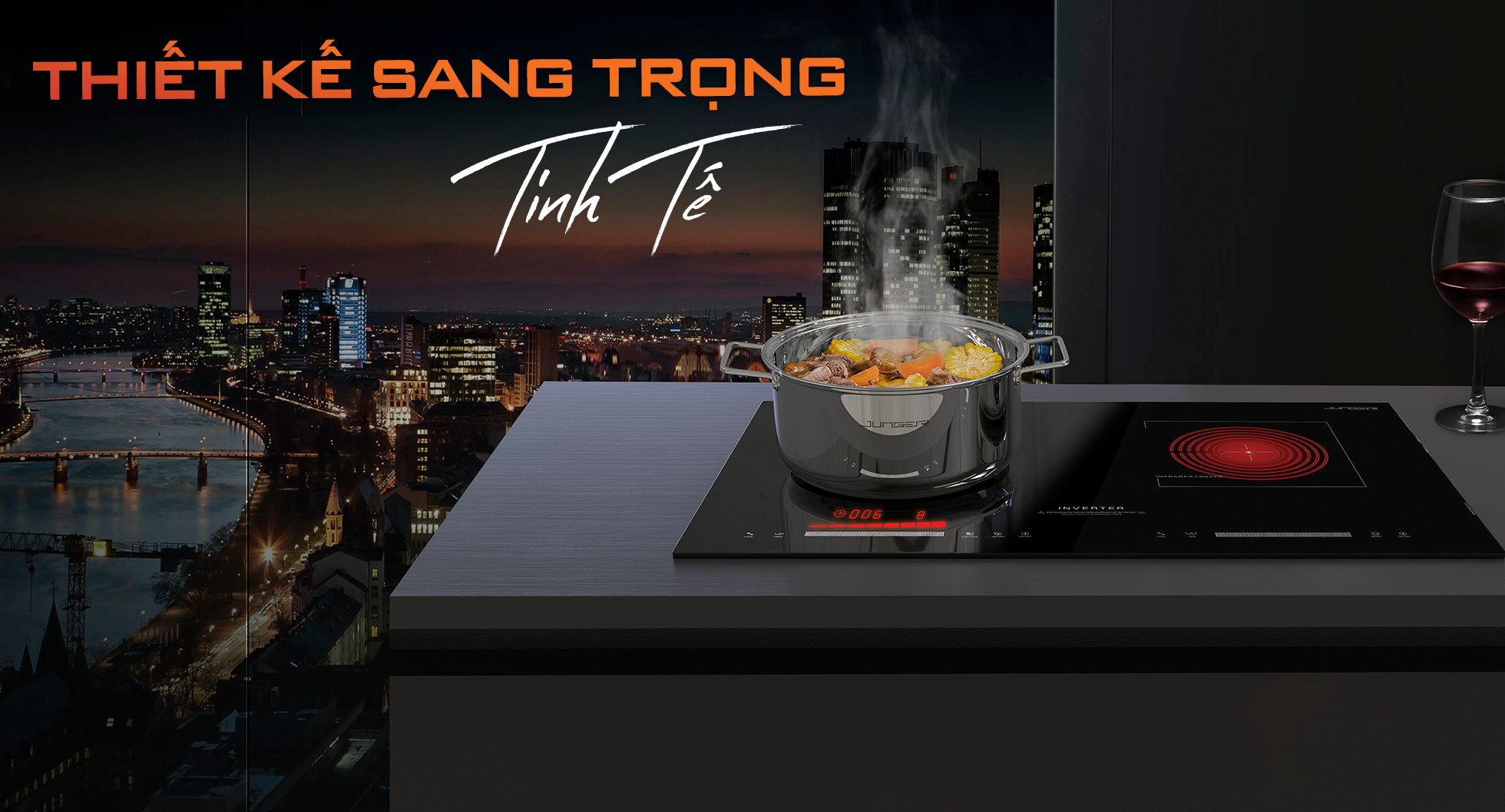 Bếp điện từ hồng ngoại Junger SIS-66 được thiết kế 2 vùng nấu riêng biệt với kiểu dáng hiện đại chuẩn Đức nâng tầm không gian sống.
