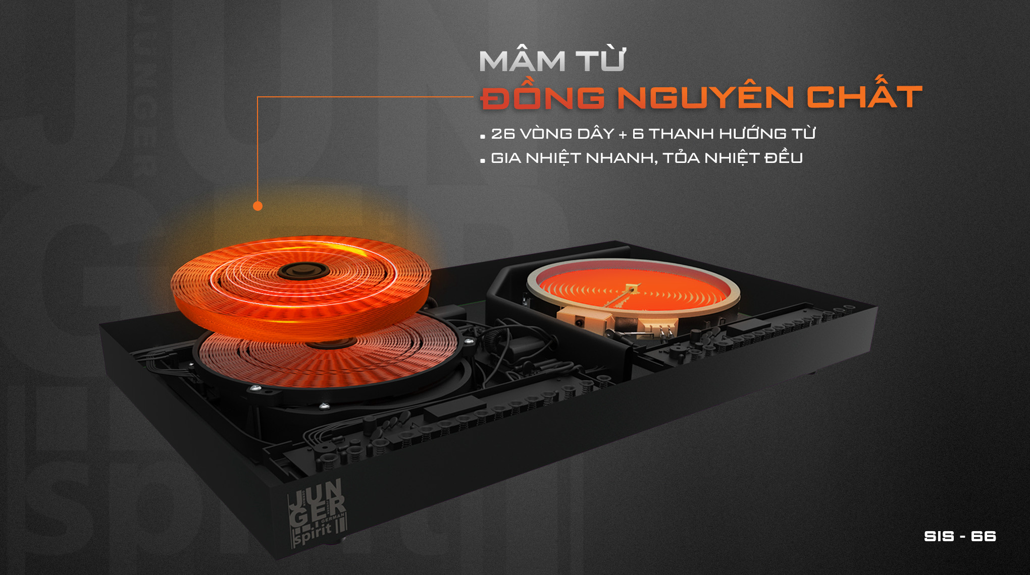 Mâm từ sử dụng 26 vòng dây đồng nguyên chất, phủ lớp Emay cách điện giúp gia nhiệt nhanh, tỏa nhiệt đều.