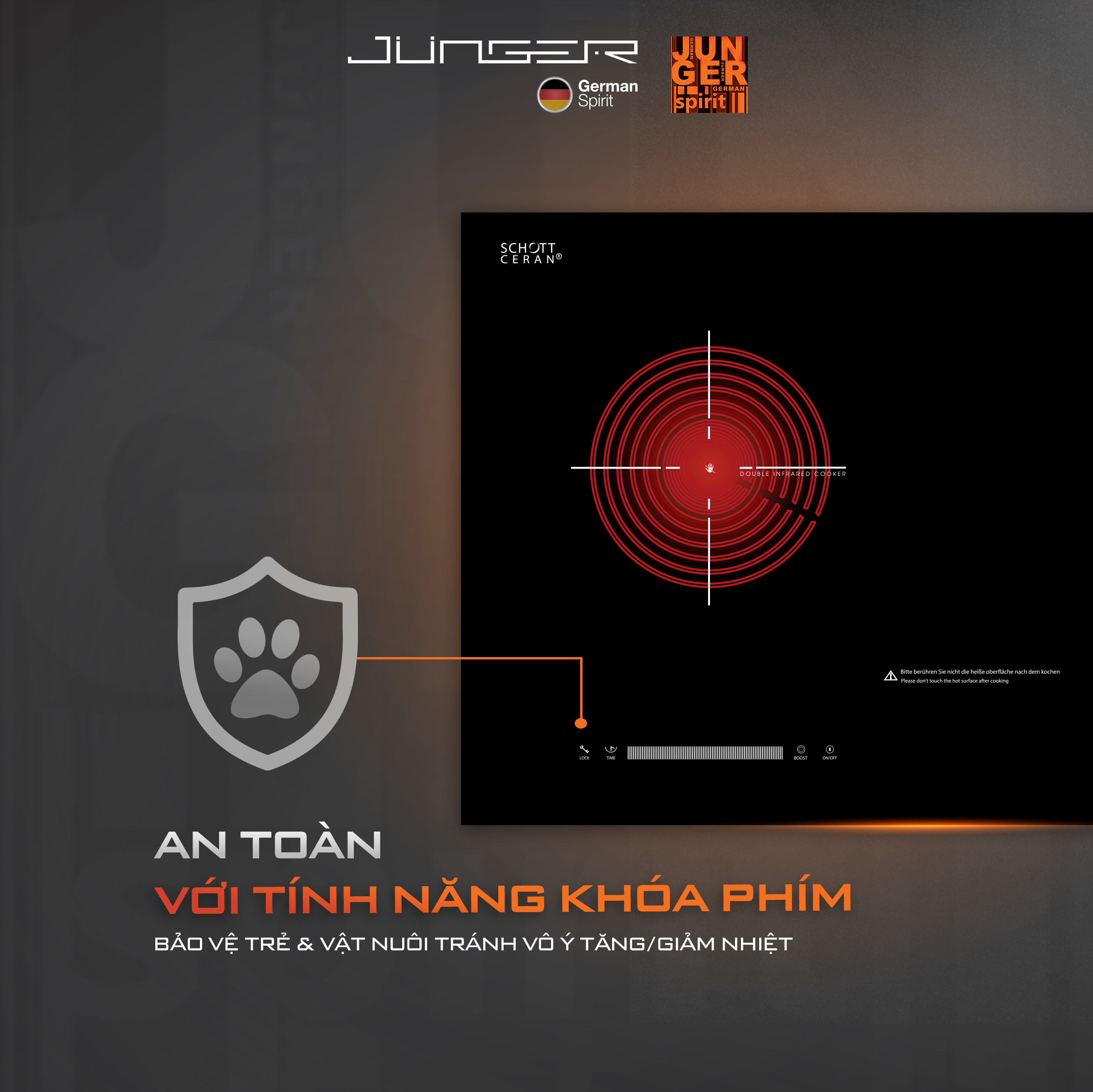 Junger SIS-68 được trang bị rất nhiều tính năng thông minh, đảm bảo an toàn tuyệt đối cho bếp và người sử dụng.