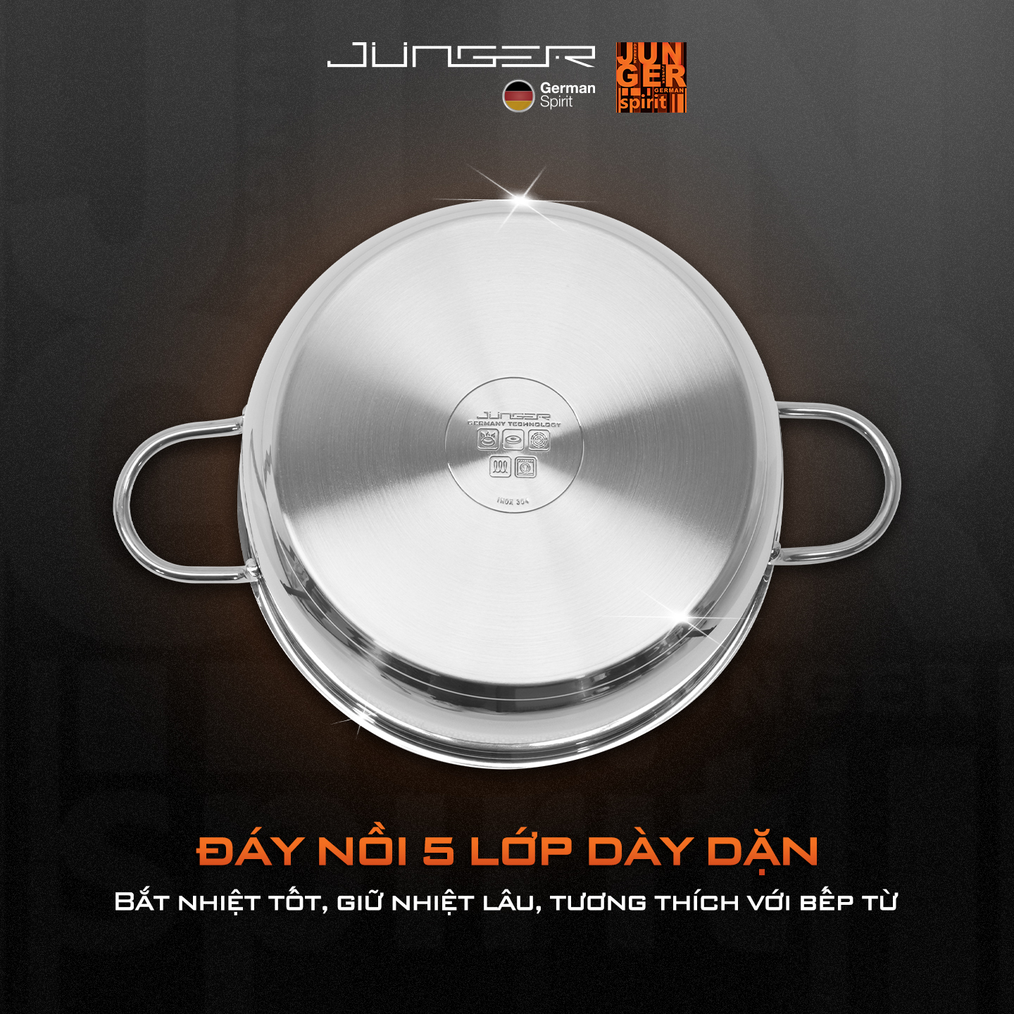 Junger CWJ-050 có cấu tạo 5 lớp giúp nồi dẫn nhiệt nhanh và giữ nhiệt tốt, dùng được trên mọi loại bếp