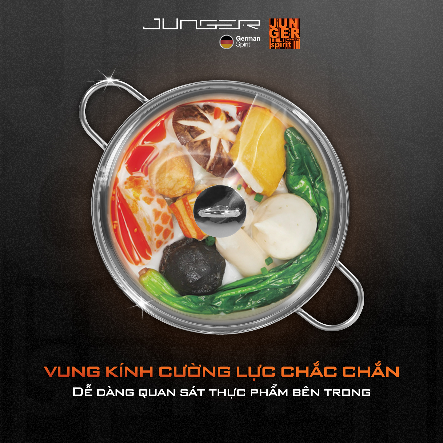 Bộ nồi inox Junger CWJ-050 sở hữu nắp vung cường lực chắc chắn, hạn chế nứt vỡ