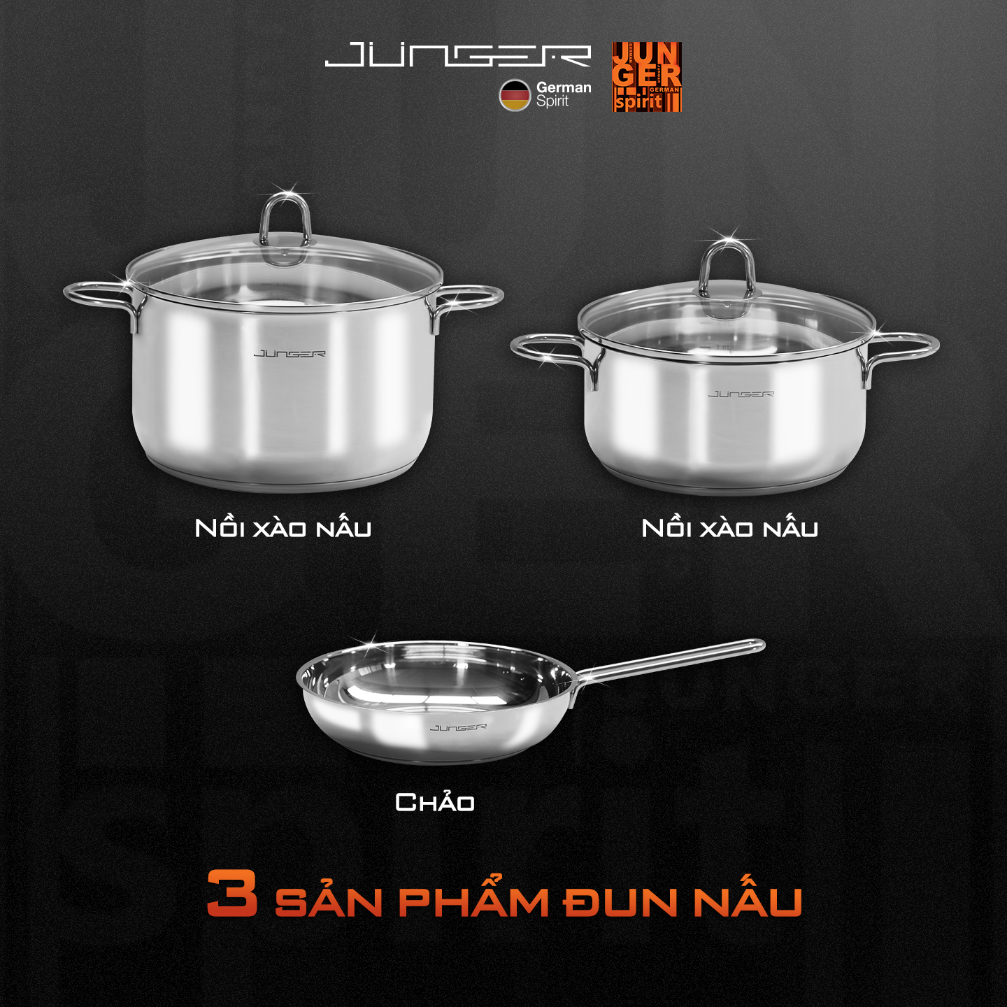 Bộ nồi inox Junger CWJ-050 cao cấp gồm 5 chi tiết với 3 sản phẩm đun nấu đáp ứng mọi món ăn