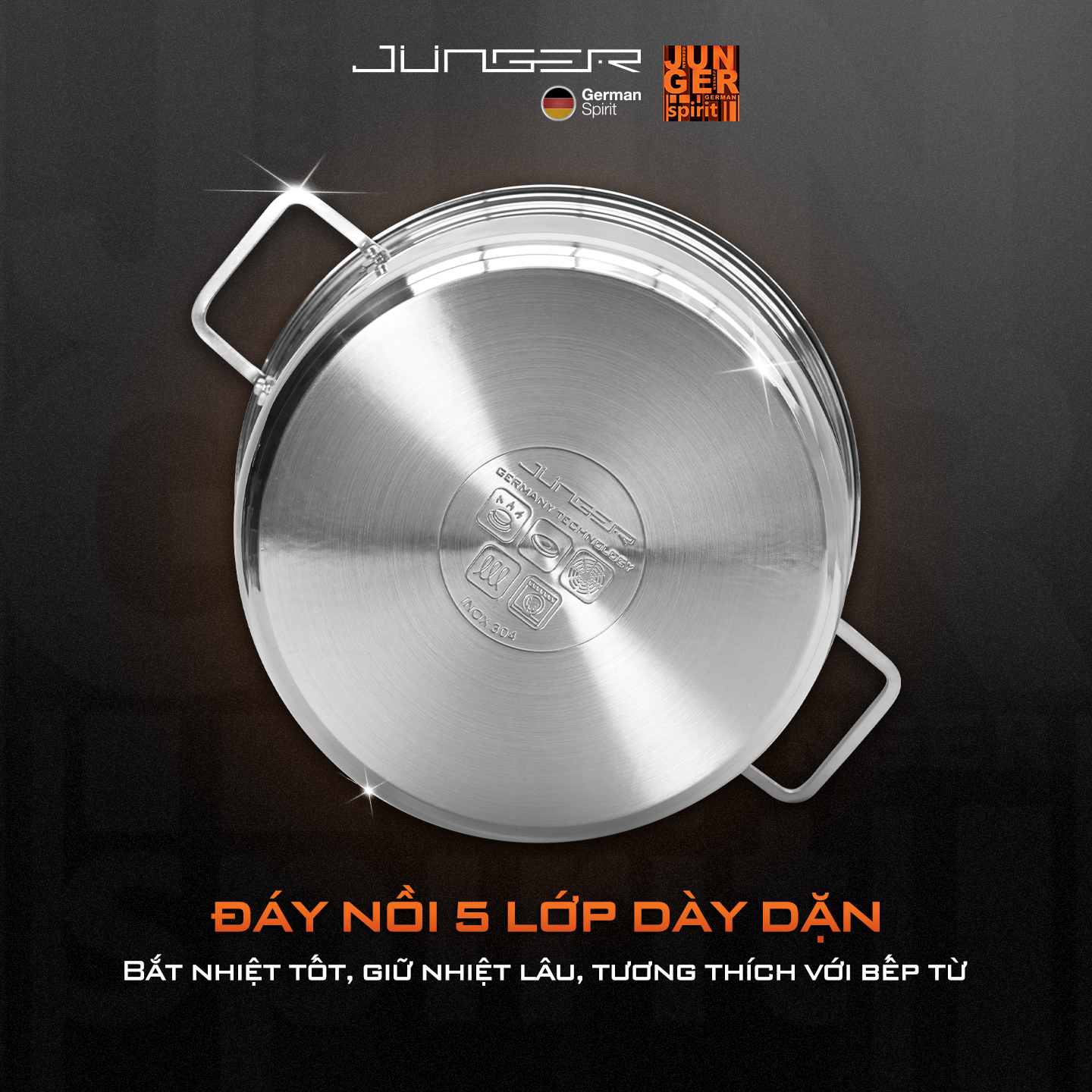 Junger CWJ-070 có cấu tạo 5 lớp giúp nồi dẫn nhiệt nhanh và giữ nhiệt tốt, dùng được trên mọi loại bếp