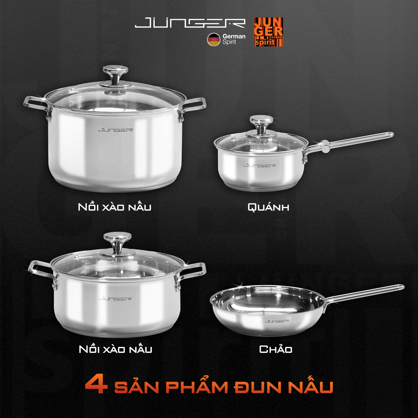 Bộ nồi inox Junger CWJ-070 cao cấp gồm 7 chi tiết với 4 sản phẩm đun nấu đáp ứng mọi món ăn