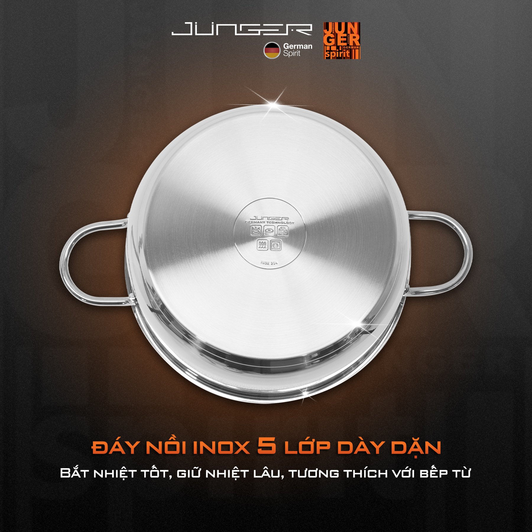 Junger JC-100 có cấu tạo 5 lớp giúp nồi dẫn nhiệt nhanh và giữ nhiệt tốt, dùng được trên mọi loại bếp.