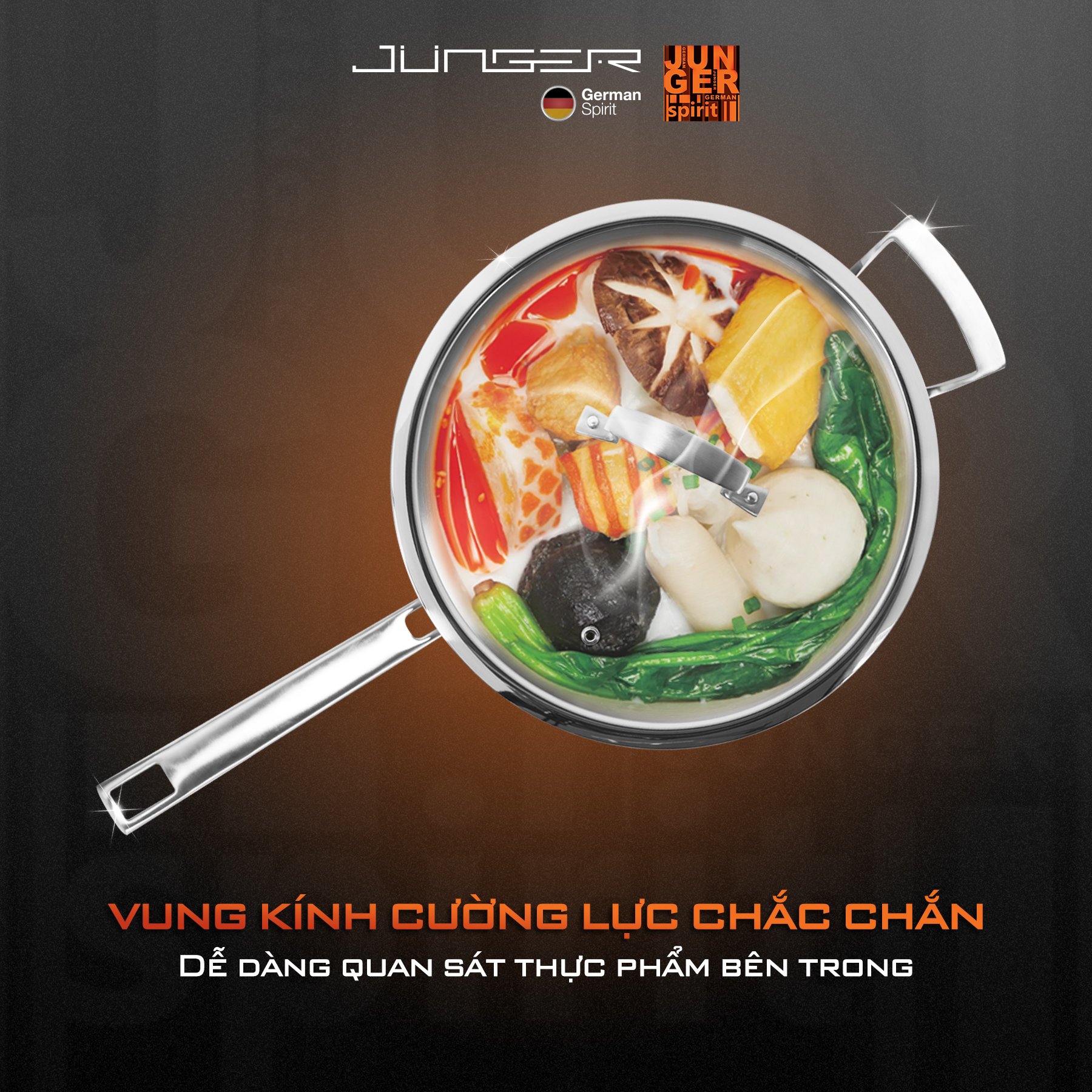Bộ nồi inox Junger JC-100 sở hữu nắp vung cường lực chắc chắn, hạn chế nứt vỡ.