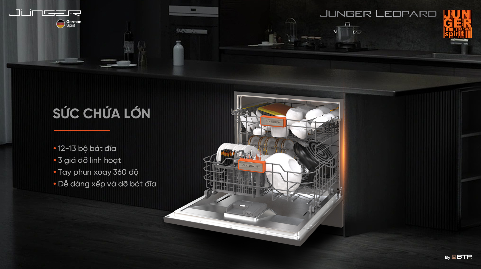 DWJ-103 có dung tích lên tới 12-13 bộ Châu Âu, tương đương 3-4 bữa ăn Việt với 3 giá đỡ linh hoạt thoải mái xếp nhiều dụng cụ nấu nướng